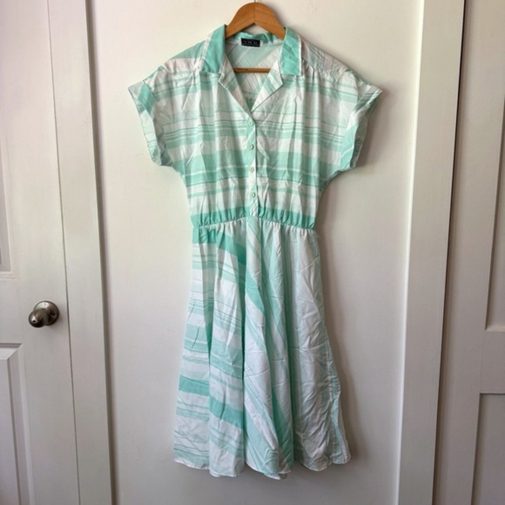 Vintage Green Striped Dress‎ Sz S Retro Preppy Twee Mint Indie 50s Housewife